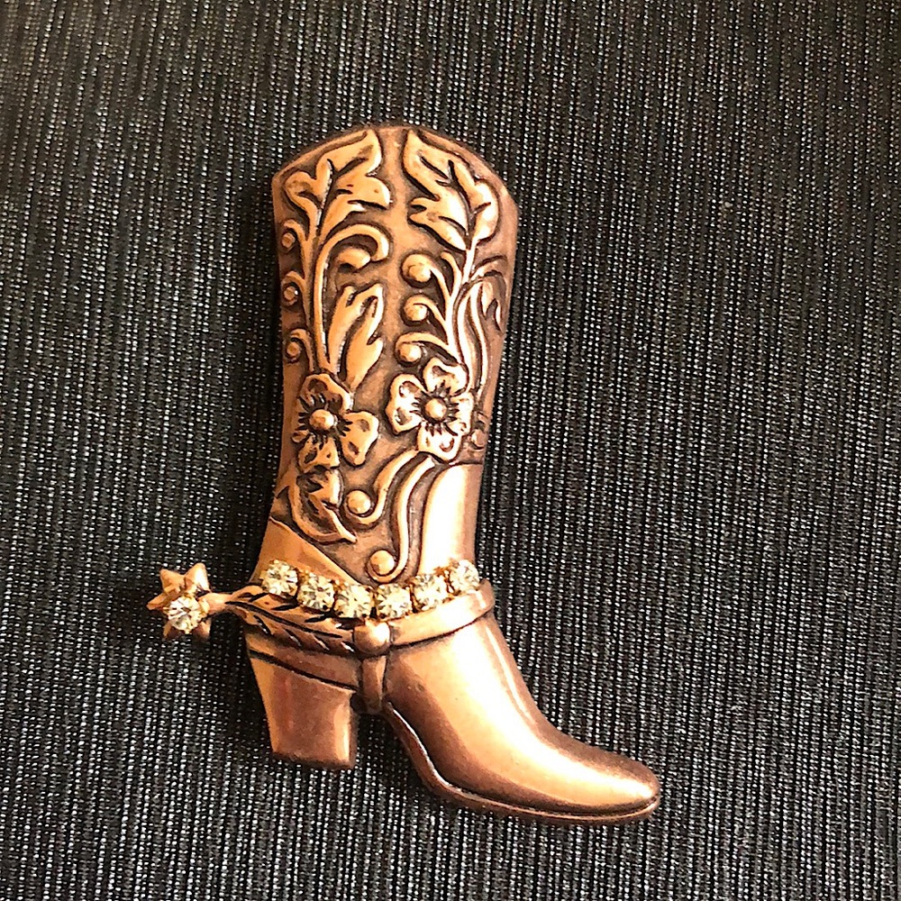 VINTAGE bronze & rhinestone cowboy boot pin